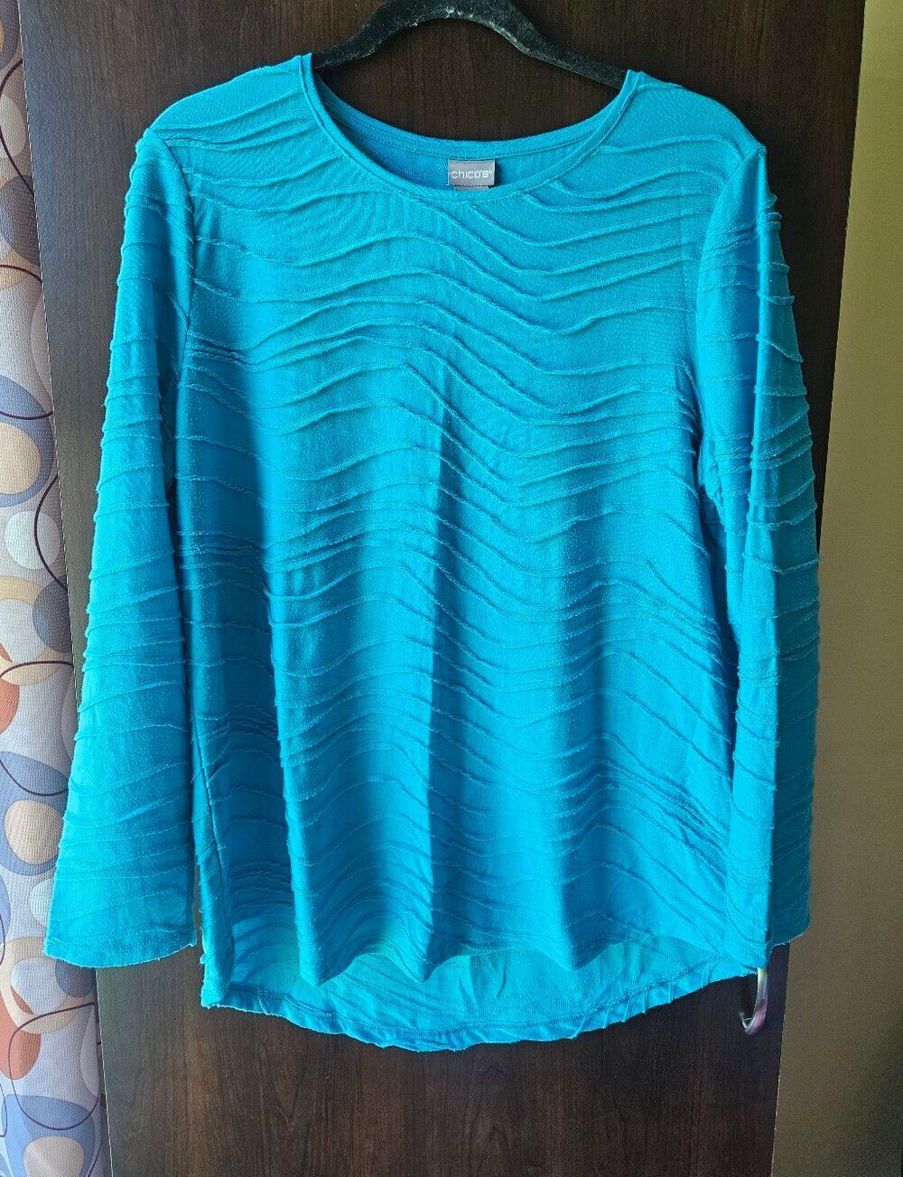 Chico's Bright Teal Wave-Texture Long Sleeve Top Plus Size 2